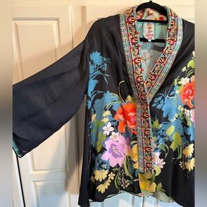 Johnny Was Black Floral Embroidered Kimono Jacket with Multicolor Trim